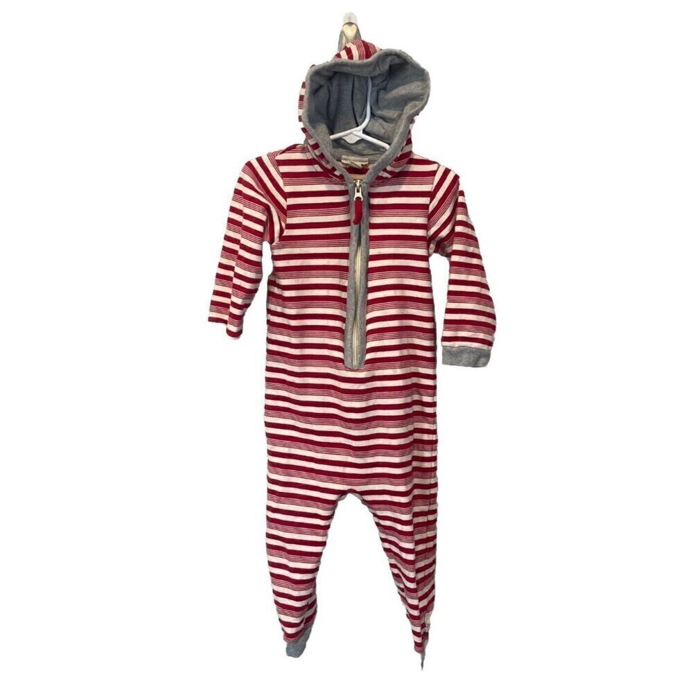 BURTS BEES BABY Hooded Red Striped Fleece Romper Boys Size 18 months Christmas